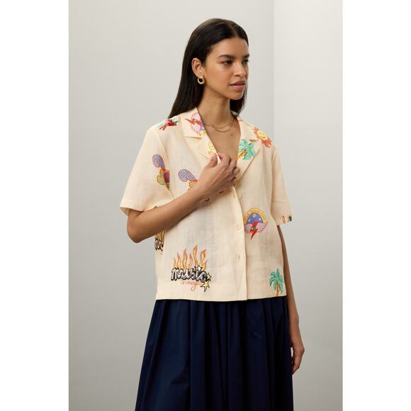 RHODE Off-White Graphic Whimsical Patches Front Button Collared Nola Top Size L - Picture 1 of 16